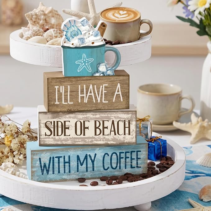 Lineshading 4 Pcs Beach Coastal Wooden Block Signs with Coffee Cup Summer | Blue Rustic Wood Signs Starfish Mug, Tiered Tray Coffee Bar Table Decor, Beachy Nautical Centerpieces for Home Office