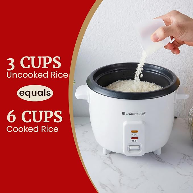 Elite Gourmet ERC003NSTX Rice Cooker & Food Steamer, Non-Stick Pot, White | Keep Warm - Glass Lid - Steam Tray Included - One-Touch Cooking - Includes Measuring Cup and Rice Scoop