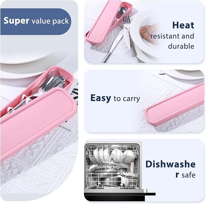 HANSGO Travel Utensils with Case, 4PCS Stainless Steel Portable Cutlery Set, Built-in Card Slot Design, Lunch Utensils for Work, School, Travel & Gifts for Women, Pink