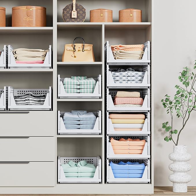 4 Pack Stackable Closet Storage Basket - Stackable Storage Bins | Multifunctional & Foldable Closet Organizer Waterproof, Wardrobe Cupboard Space-Saving Storage Drawer Organizer