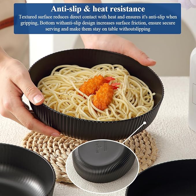 HOMQUEN Pasta Bowls Set of 6, 37oz Salad Bowls Black Soup Bowls, Large Pasta Serving Bowls, Unbreakable Plastic Dinner Bowls, Dinnerware Sets,Valentines Day Gift, Dishwasher Safe (Black)