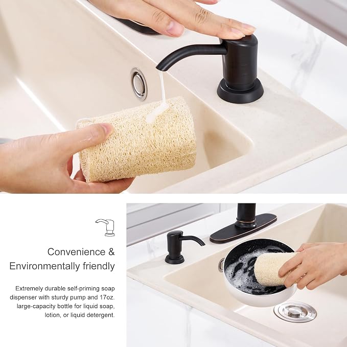 Kitchen Sink Soap Dispenser Pump, 17 oz Bottle, Oil Rubbed Bronze | Refills From The Top, No-Leak ABS Pump, DIY Installation, 360° Swivel, Fits 1–1.5 in Sink Holes; for Dish Soap or Lotion