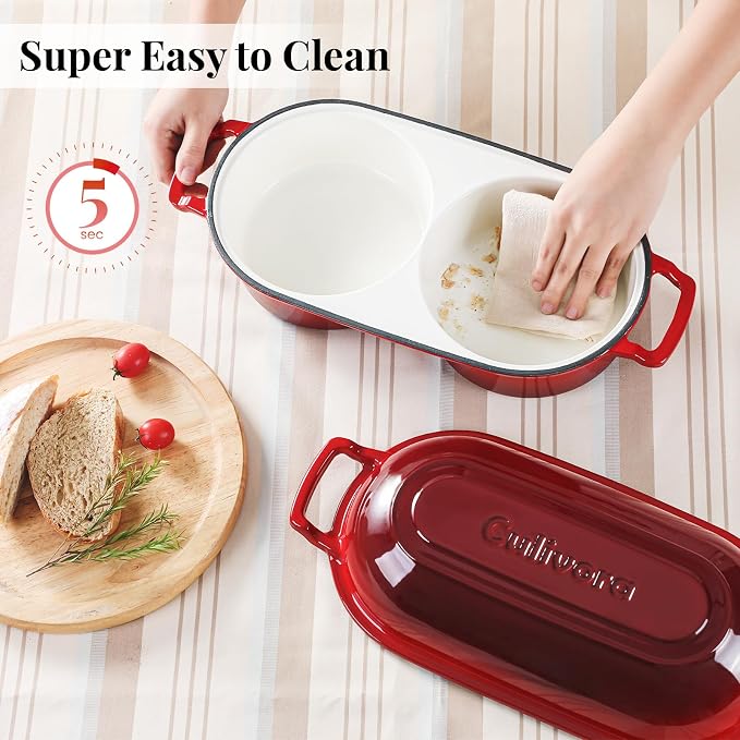 Cast Iron Bread Pan with Lid, Mini Enamel Sourdough Baking Dutch Oven Pot, Double Round Loaf Space for Homemade, Bread, Cake, Meatloaf, 16.5cm Diameter, 500°F Oven Safe, Non Stick, Red
