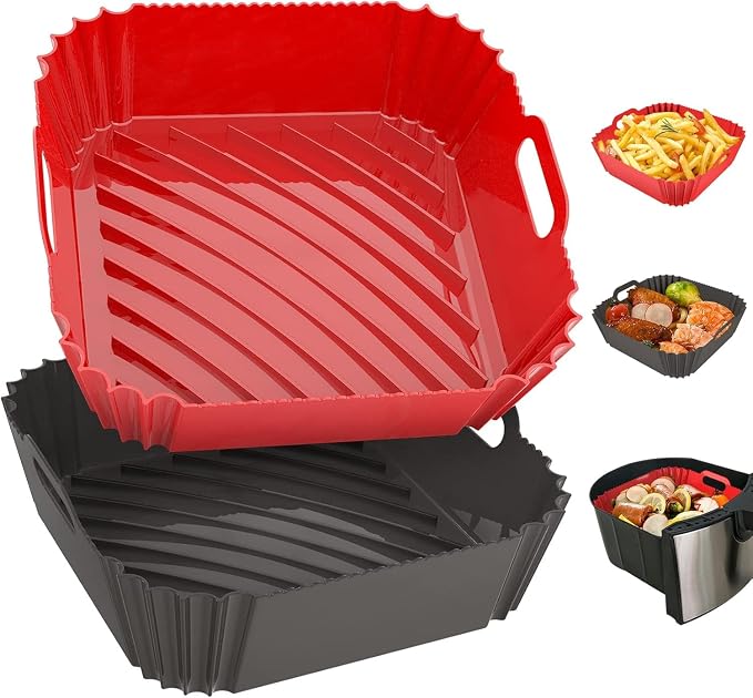 2 Pack Silicone Air Fryer Liners Reusable, 7.1 Inch Airfryer Liners 4-7 QT Square Air Fryer Liners Silicone Pot Oven Liner Baking Tray, Air Fryer Basket Mat Silicone Bowl Air Fryer Accessories