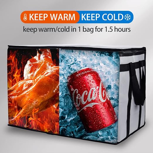 Bodaon 2-Pack Insulated Food Delivery Bag for Hot and Cold Meal, XXX-Large Grocery Tote Insulation Bag for Catering, Pizza Warmer, Cooler/Thermal Bags, Grey