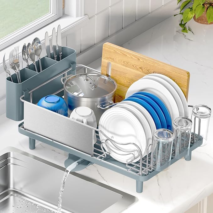 Urackify Dish Drying Rack - Stainless Steel Dish Rack with Auto Drain, Blue | Rustproof Dish Drainer with Cutlery Holder & Auto Drain, 16.9" L x 12.4" W Big Load for Plate Dish Sliverware, Light Geen