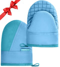 Mini Oven Mitts, Kitchen Oven Gloves Kitchen Mittens 500 Degrees Heat Resistant Baking Gloves, Non-Slip Silicone Surface with Hanging Loops Hot Gloves for Cooking, Baking, BBQ 1 Pair-Blue