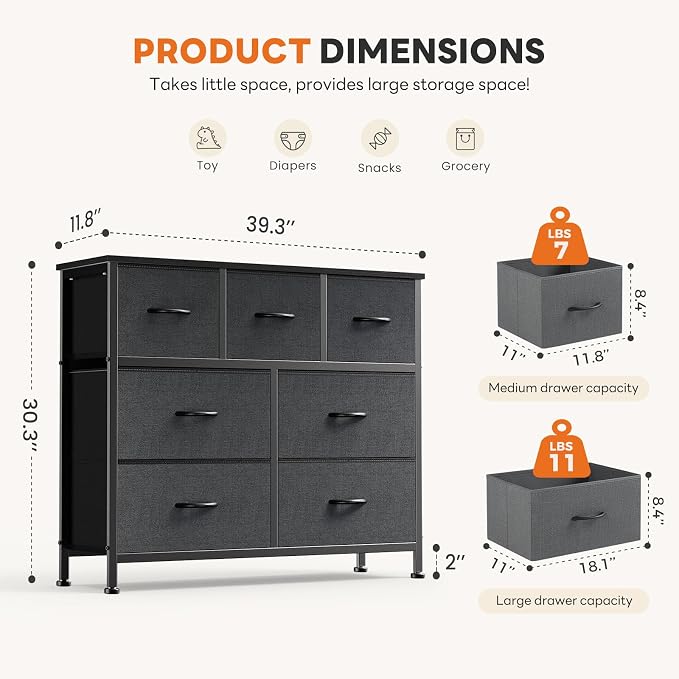Sweetcrispy 7 Drawer Dresser for Bedroom Storage with Fabric Bins, Gray | Anti-Tip Closet Organizer, Wooden Top and Sturdy Steel Frame, Spacious Drawers for Clothes Storage, Hallway Entryway
