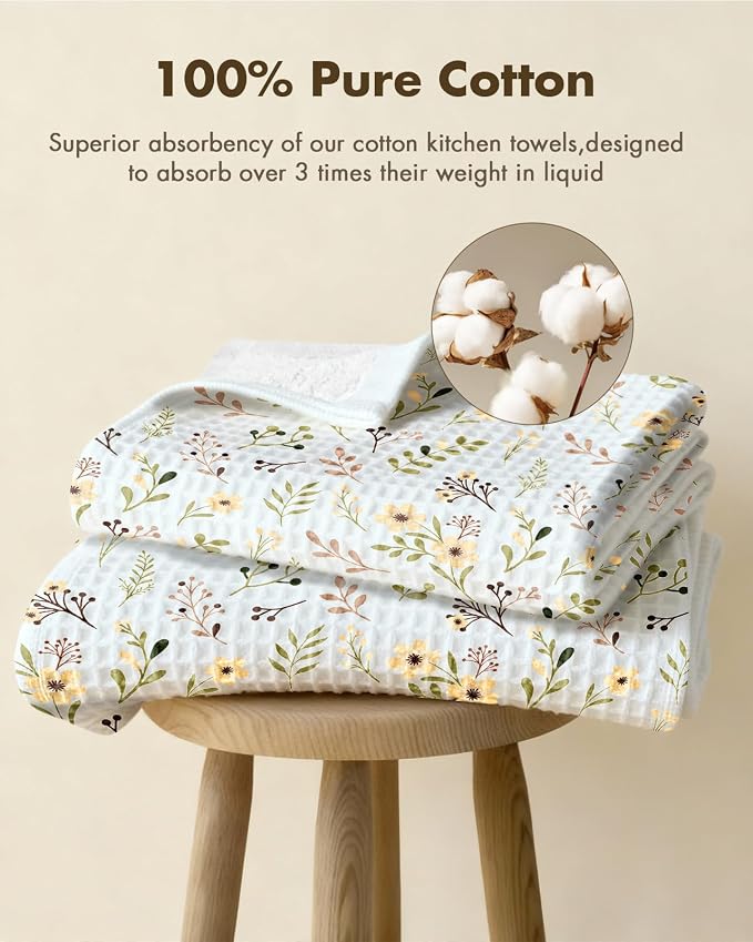 370GSM Cotton Waffle Kitchen Towels, Flower | Pure Cotton, Sustainable, Waffle Weave, Terry Cloth, Highly Absorbent, Decorative, 16"x25", with Hanging Loop