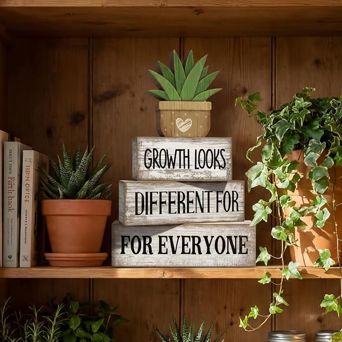 Lineshading 4 Pcs Growth Looks Different for Everyone Farmhouse Signs | Stacked Wood Blocks with Faux Succulent, Rustic White Inspirational Decor, Office Classroom Tiered Tray Teacher Gifts