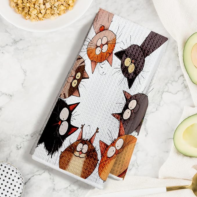 2 Pcs Cute Cat Kitchen Towels, Funny Cats Gifts Absorbent Hand Towels-02 | Cat Dish Cloths for Drying Dishes, Cats Waffle Dish Towels for Kitchen Home Bathroom Decor, Cat Lover Gifts for Women Mom