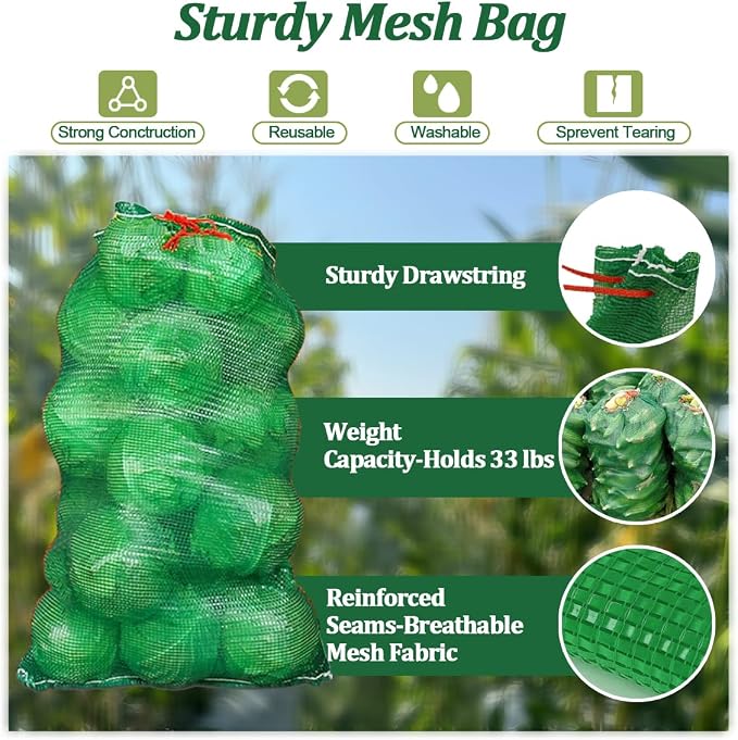 10Pcs 31''x20'' Extra Large Mesh Storage Bags for Produce & Onions（Green) | Reusable Breathable; with Drawstring Closure; Holds up to 33lbs; Ideal for Onions, Potatoes, Crawfish, Firewood Storage