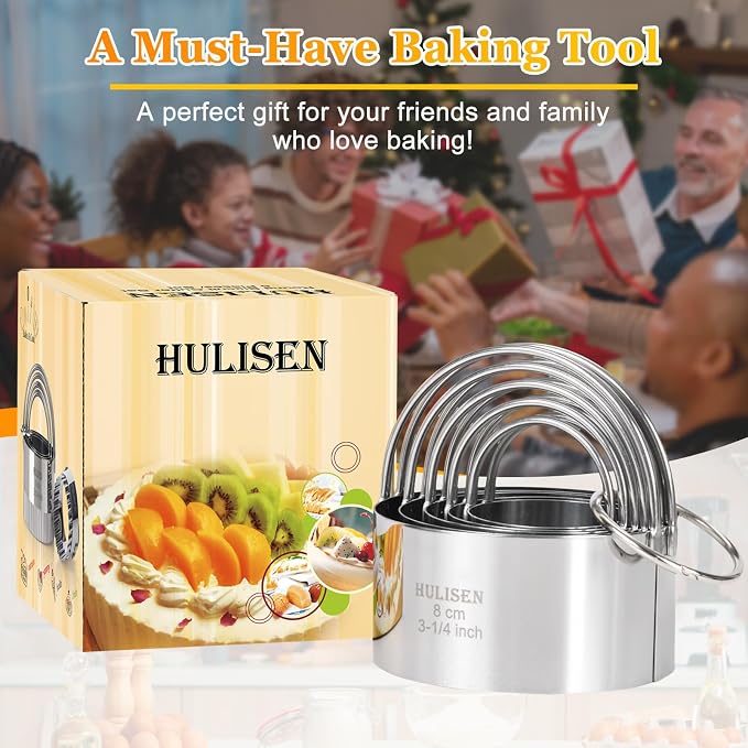 HULISEN Biscuit Cutter Set 5-Pc, Stainless Steel Cookie Cutters with Handle | Dishwasher Safe, Etched inch/cm Markings, Gift-Ready Package, Ergonomic Arched Grip, Professional Baking Tools