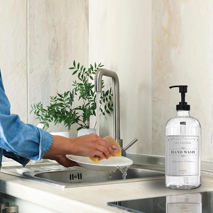 Clear Glass Soap Dispenser with Pump, 16 oz | Clear Glass, Soap Dispenser Pump, Bathroom and Kitchen Sink use,12 Waterproof Labels (pack of 4)