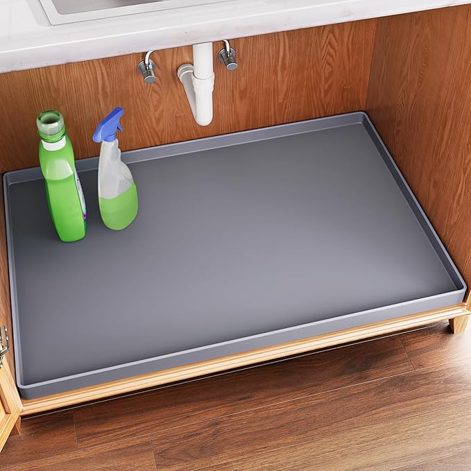 FLATO Waterproof Under Sink Mat, 34" x 22", Dark Gray | Shelf Liner for Kitchen and Bathroom, Cabinet Protector, Organizers and Storage, Flexible Silicone Drip Tray