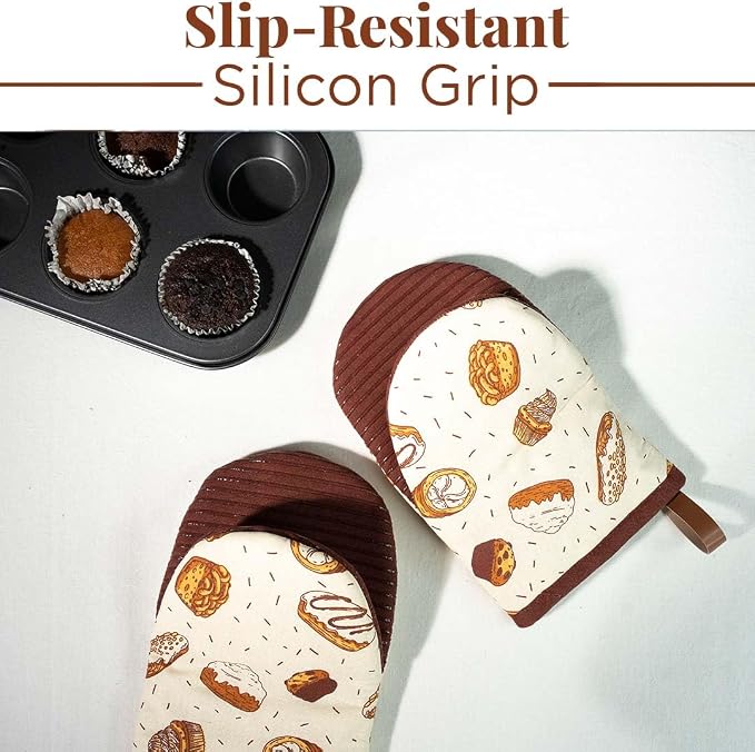 Folkulture Fall Oven Mitts, Bakery, Set of 2, Heat Resistant - (5.75"x9") | 100% Cotton, Non Slip, Silicone, Cute Striped Mini Mits with Hanging Loop, Kitchen Décor, Cooking Gifts, New Home Essentials