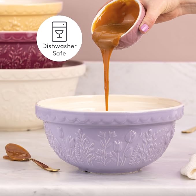 Mason Cash In the Meadow S24 Mixing Bowl, 2.15 Quart Mixing Bowl, Embossed Floral Tulip Design, Durable Ceramic Bowl for Baking Bread Dough, Cake Batter, Cookies & Kitchen Serving Bowl