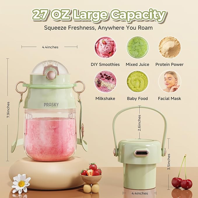 Portable Blender, Prasky Personal Blenders for Shakes and Smoothies with 27oz Cup, Lid and Shoulder Strap, Type-C USB Rechargeable, Personal Size Blenders BPA-free for Travel/Kitchen (Light Green）