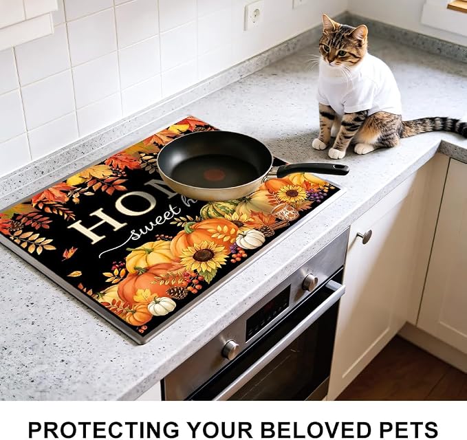 Fall Pumpkin Stove Top Cover for Electric Stove, 28x20 In Mat | Heat-resistant non-slip mat holds hot cookware; glass cooktop protector, dish drying; thanksgiving farmhouse kitchen decor