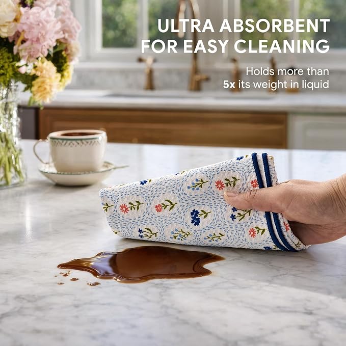 RECYCO Waffle Kitchen Towel Set of 2 - Quick Dry Microfiber Sustainable Dish Towels - Ultra Absorbent Reusable Cleaning Tea Towels - Lightweight Hand Towels,16”x 28”, Bloom Tiles