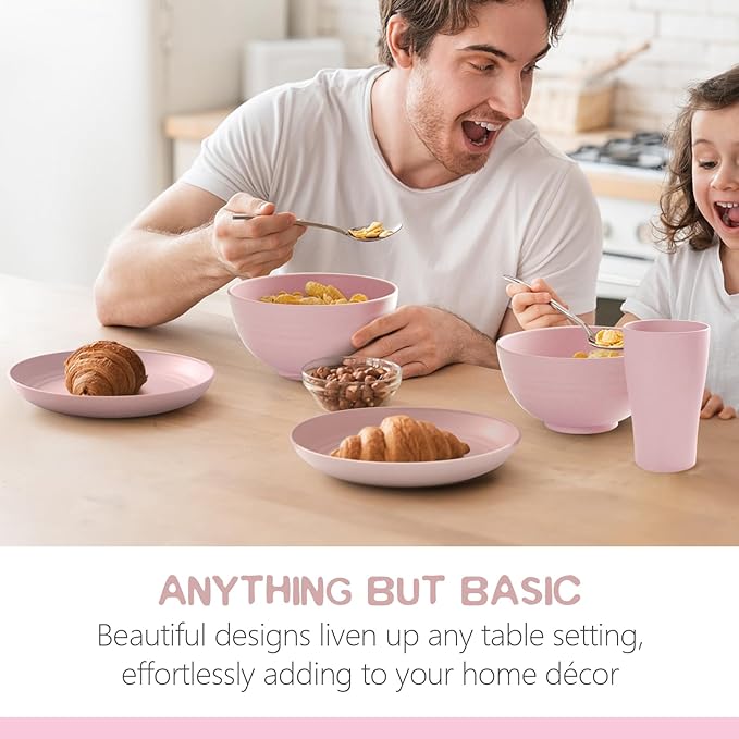 Teivio 32-Piece Plates and Bowls Sets for 8, Pink Kitchen Dinnerware Sets | 13.5oz Cups, Plastic Wheat Straw Unbreakable Dish Set, Dishwasher Safe, for Outdoor Camping RV Apartment Essentials Plate Set