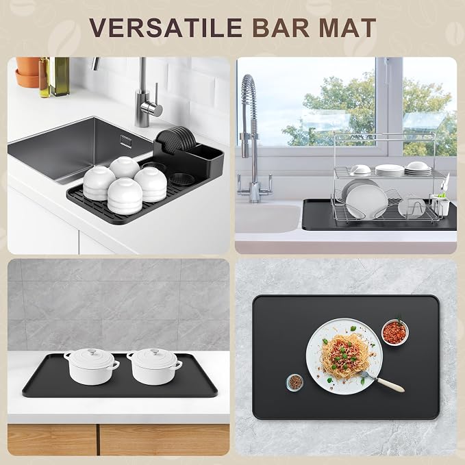Silicone Coffee Mat with 6 Coasters,24"x16" Counter Bar Mat Fits Under Coffee Maker/Pot & Espresso Machine, Bar Aceessories,Detachable Drying Pad for Tamper,Sugar Packets,Cups & Countertop Protection
