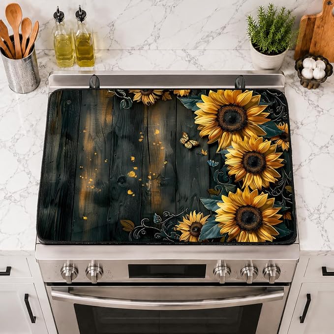 Electric Stove Top Cover for Glass Top, Sunflower Farmhouse Decor – Heat Resistant Flat Stove Top Covers, Decorative Scratch Protector Mat for Glass Ceramic Cooktop, Non-Slip, 28"x20"