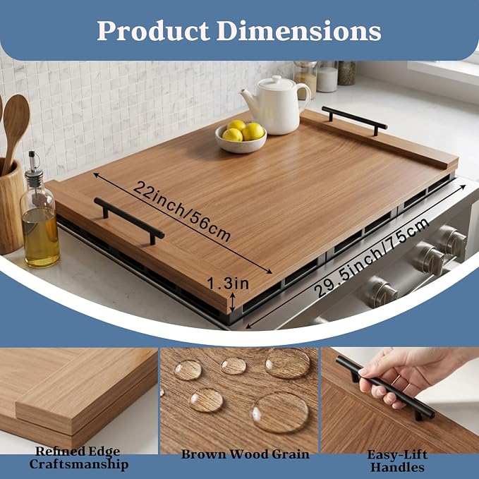 Walnut Finish Stove Top Cover for Gas & Electric Range | 30"x22" Rustic Noodle Board with Handles | RV Kitchen Workspace Saver