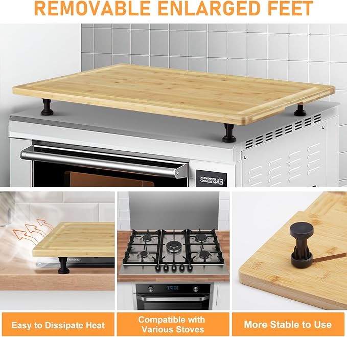 Bamboo Cutting Board, 30"x20" Extra Large Noodle Board with 4 Removable Feet, Juice Groove, Wooden Stove Top Covers for Electric Stove, Gas Burners, Counter Space
