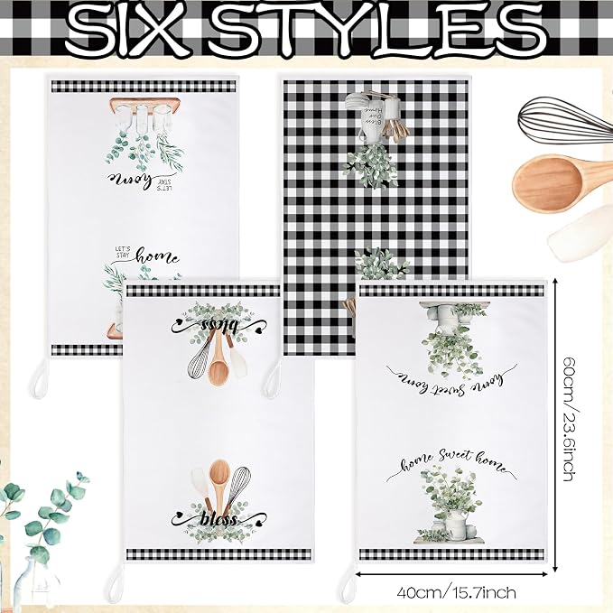 4 Pcs Eucalyptus Kitchen Towels Sage Green Hand Dish Towels Gifts | Absorbent Black White Plaid Fast Drying Decor Housewarming Gift for Cooking Bathroom Kitchen Decor
