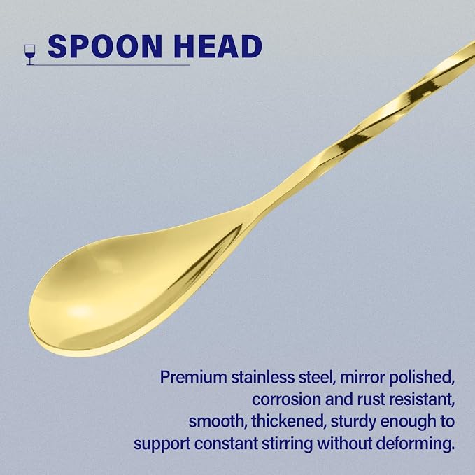 Bar Spoon Cocktail Mixing Stirrers, 2Pcs, 12” with Round Base, Gold | 18/8 Stainless Steel, Long Handle, Flat Base for Tabletop Standing, Stirrer & Muddler for Coffee & Drinks