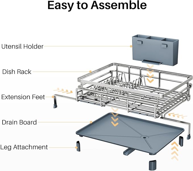 Expandable Dish Drying Rack for Kitchen Counter, Stainless Steel, Silver | Foldable Over Sink, Large Capacity, Adjust to Fit Most Sinks, Angled Drainboard, Removable Utensil Holder, Slip Resistant