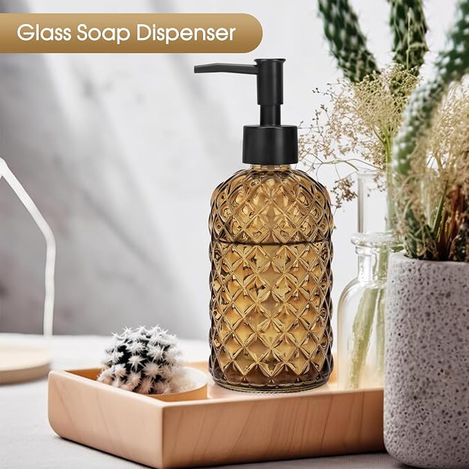 Topsky Gem Glass Soap Dispenser with Black Plastic Pump, 13oz Liquid Hand Soap Dispenser, Rustproof Pump for Kitchen & Bathroom, Great for Lotions, Essential Oil, Liquid Soaps-Amber