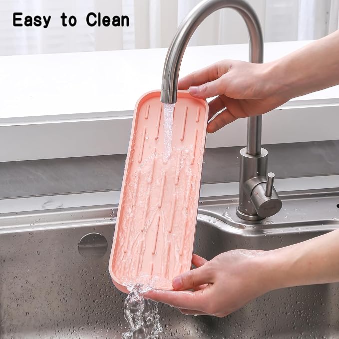 MicoYang Silicone Kitchen Sink Organizer Tray for Multiple Usage,Easy Clean,Eco-Friendly Sponges Holder for Kitchen Bathroom Counter or Sink,Dish Soap Dispenser,Scrubber,Bottle,Cup Pink 12" x 4”