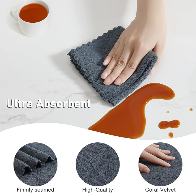 Homaxy Super Soft 12 Pack Kitchen Towels and Dishcloths Set, Dark Grey | Ultra-Absorbent, 10 x 10 and 13 x 19 Inches, Coral Velvet, No Lint, Nonstick Oil, Fast Drying, Microfiber Cleaning Cloth