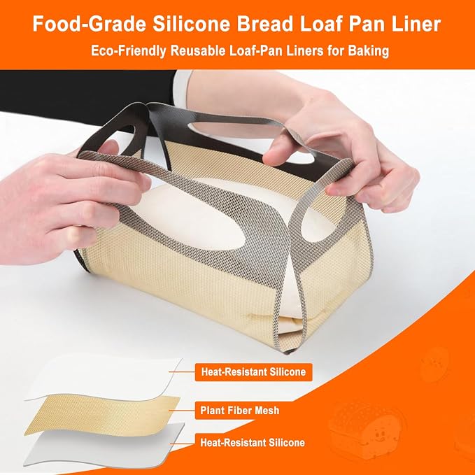 2 Pcs Reusable Silicone Bread Sling, Food-Grade Silicone Bread Loaf Pan Liners & Lifters with 4 Handles, Non-Stick & Easy Clean Dough Transfer Baking Mat for 9x5" or 1.5lb Loaf Pans(Brown)