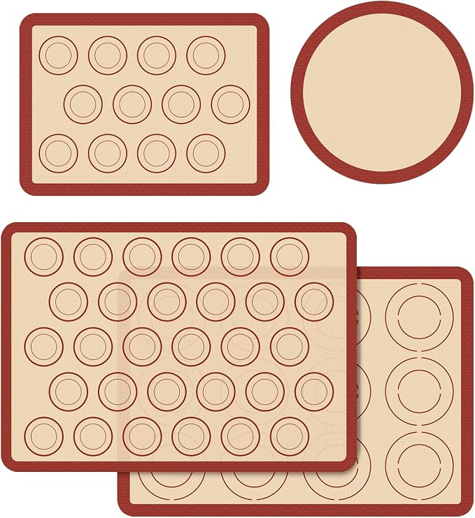 Silicone Baking Mat Set of 4, Nonstick & Reusable | Easy to Clean Macaron Silicone Baking Sheets for Macarons, Cookies, Pastries, Pizza