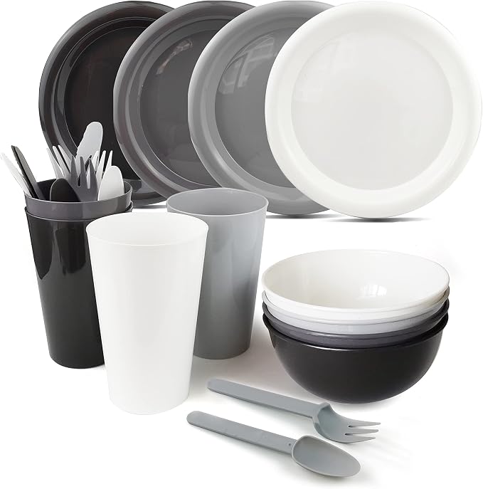 24Piece Plastic Plates and Bowls Sets Dinnerware Set Dishes Set for 4,College Dorm Room Essentials,Camping Plates and Bowls with Tumbler,Knives,Forks and Spoons,Mess Kit,Microwave Safe,BPA Free