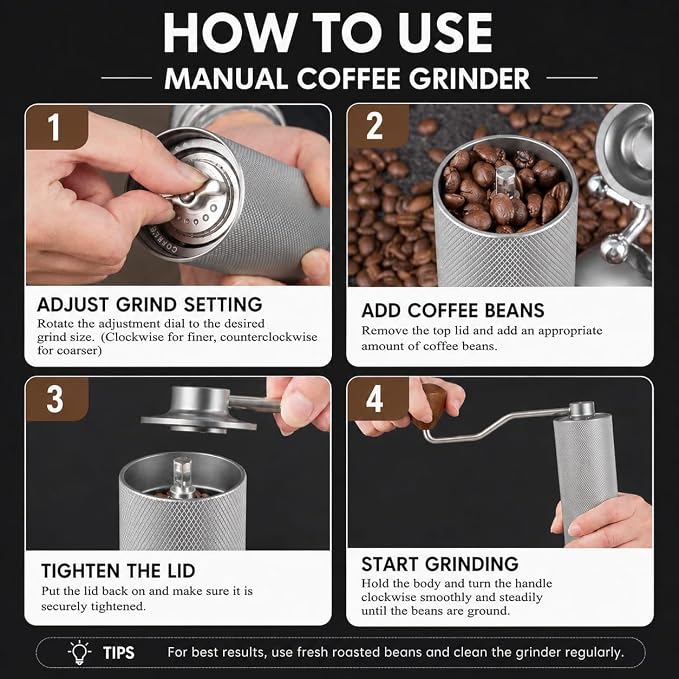 Manual Coffee Grinder - Stainless Steel Burrs, Adjustable Grind Settings, Portable Hand Crank for Espresso, Drip, French Press - Compact, Durable, Ideal for Home & Travel (Silver)