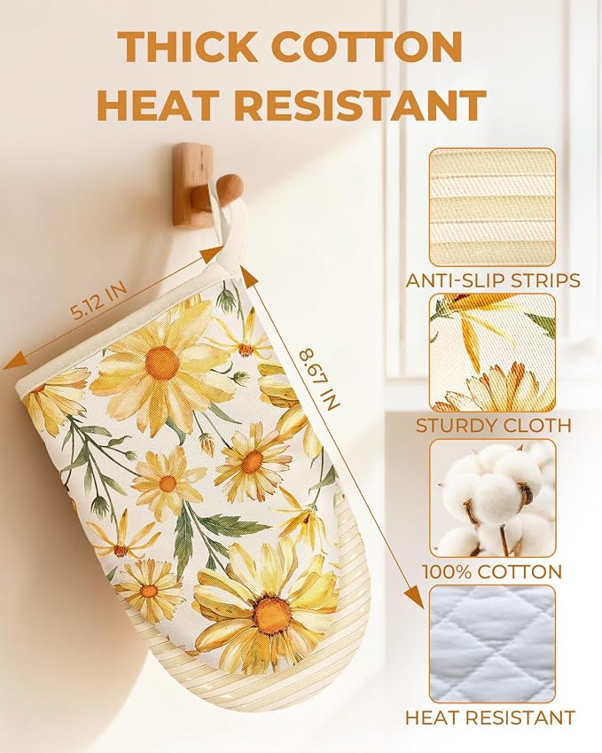 100% Thick Cotton Mini Oven Mitts Silicone Grip Watercolor Daisy | Elegant Classic Oven Mitts for Women, Machine Washable, Non-Slip, Reversible Design Fits Both Hands, Stylish Kitchen Decor