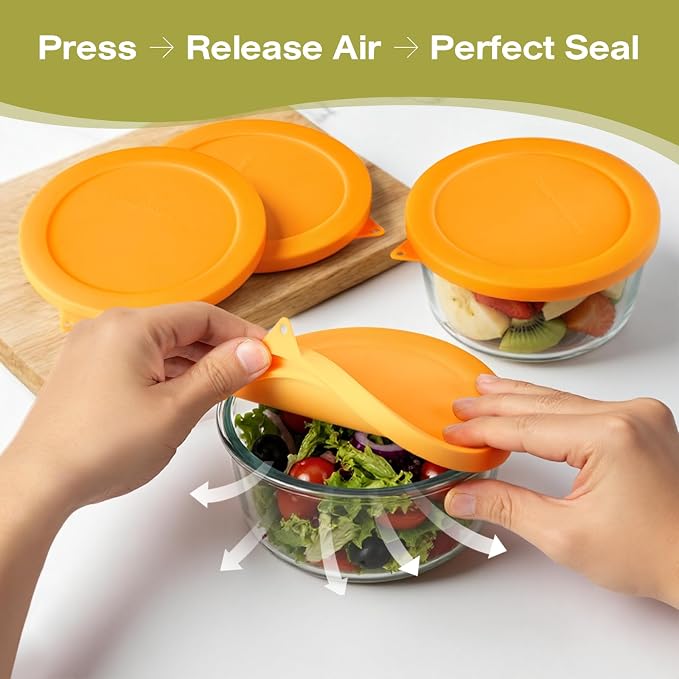 Silicone Lids Replacement for Snapware 7201R 4 Cup Round Glass Storage Containers (Containers Not Included) (Yellow - 4 Pack)