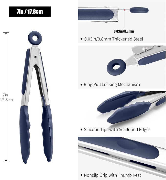 Doosu Kitchen Tongs with Silicone Tips for Cooking Serving (7in, Navy Blue) | 600°F Heat Resistant Food Tong, Heavy Duty Stainless Steel Locking Tong for BBQ, Grilling Steak, Salad, Toast, Pasta
