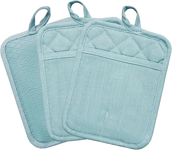 Pot Holders Yarn-Dyed Set of 3 Non Slip Silicone Kitchen Lines | Heat Resistant 500℉ Kitchen Gloves BBQ Baking Women Men Cooking Barbecue Microwave Machine Washable (L-Blue Potholder)