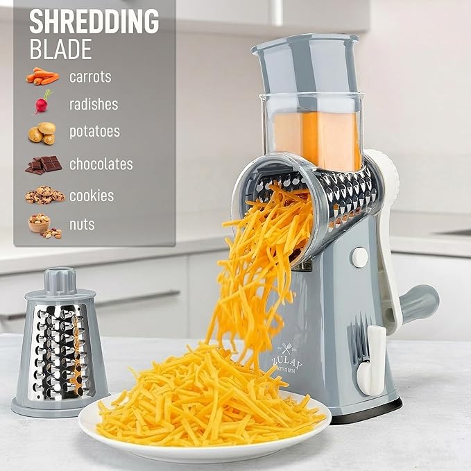 Zulay Kitchen Rotary Cheese Grater 5 Blade Cheese Shredder - Manual Hand Crank Cheese Grater With Reinforced Suction & 5 Interchangeable Drums - Easy to Use, Vegetable Chopper Round Mandoline Slicer