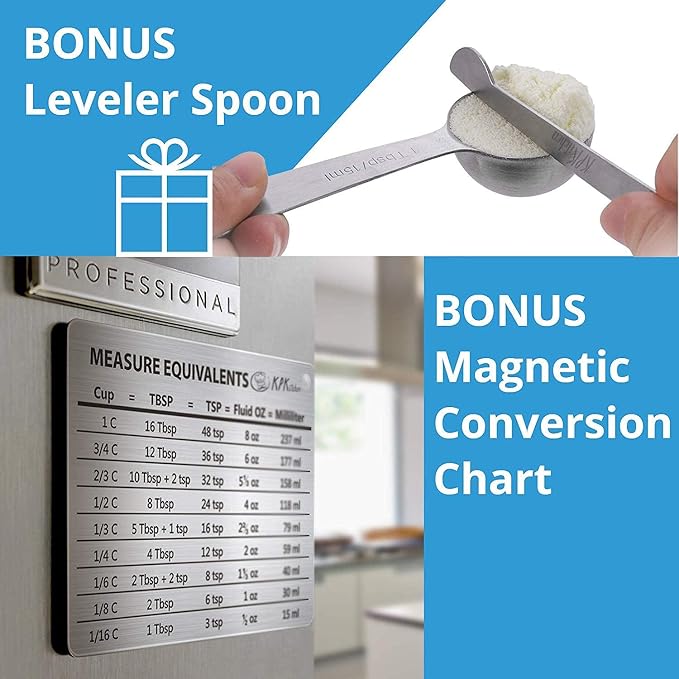 Measuring Cups and Spoons Set, 16-Piece Stainless Steel, Leveler & Chart | 7 Dry Measuring Cups, 7 Measuring Spoons, Conversion Chart and Leveler, Metal Baking Tools for Flour, Sugar, Spices & Baking.