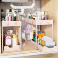 Simple Trending Under Sink Organizer 2 Pack, with Sliding Drawer, Pink | 2-Tier Multi-Use Under Shelf Organizer with Hooks, Sink Pull-Out Sliding Storage Cabinet for Kitchen Bathroom, Easy Assembly