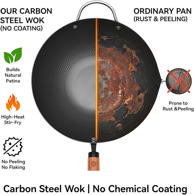 WANGYUANJI Flat Bottom Wok Pan, 12.6 Inch Carbon Steel Stir Fry Pan with Lid, Uncoated Heavy Duty Iron Woks for Cooking, Compatible with Induction Gas Electric Stovetops, Deep Frying Skillet Cookware