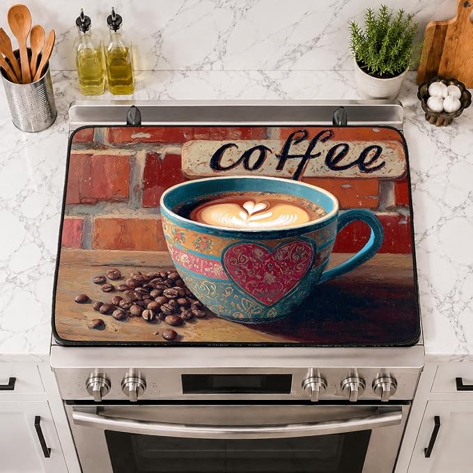 Electric Stove Top Cover for Glass Top, Coffee Cup Brick Cafe – Heat Resistant Flat Stove Top Covers, Decorative Scratch Protector Mat for Glass Ceramic Cooktop, Non-Slip, 28"x20"