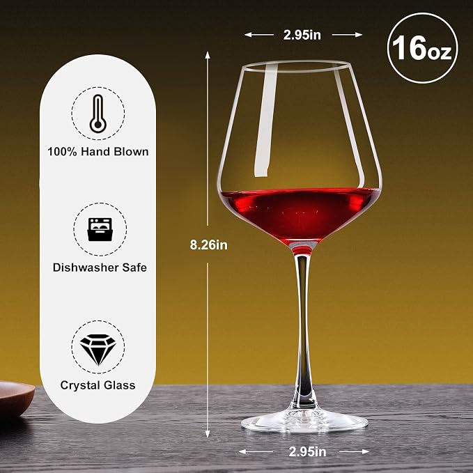 PARACITY Wine Glasses Set of 2, 16 fl oz, Long Stem, Wide Bowl, Hand Blown | Hand-blown clear glass with a wide bowl for red or white wine, supporting easy swirling at dinners, parties and gatherings