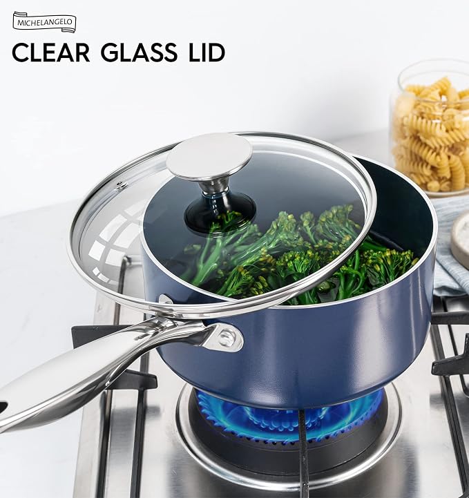 MICHELANGELO 2 Quart Saucepan with Lid, Nonstick Ceramic Sauce Pan with Stainless Steel Handle, 2 Qt Saucepan with Lid Induction Compatible, Oven Safe, Blue